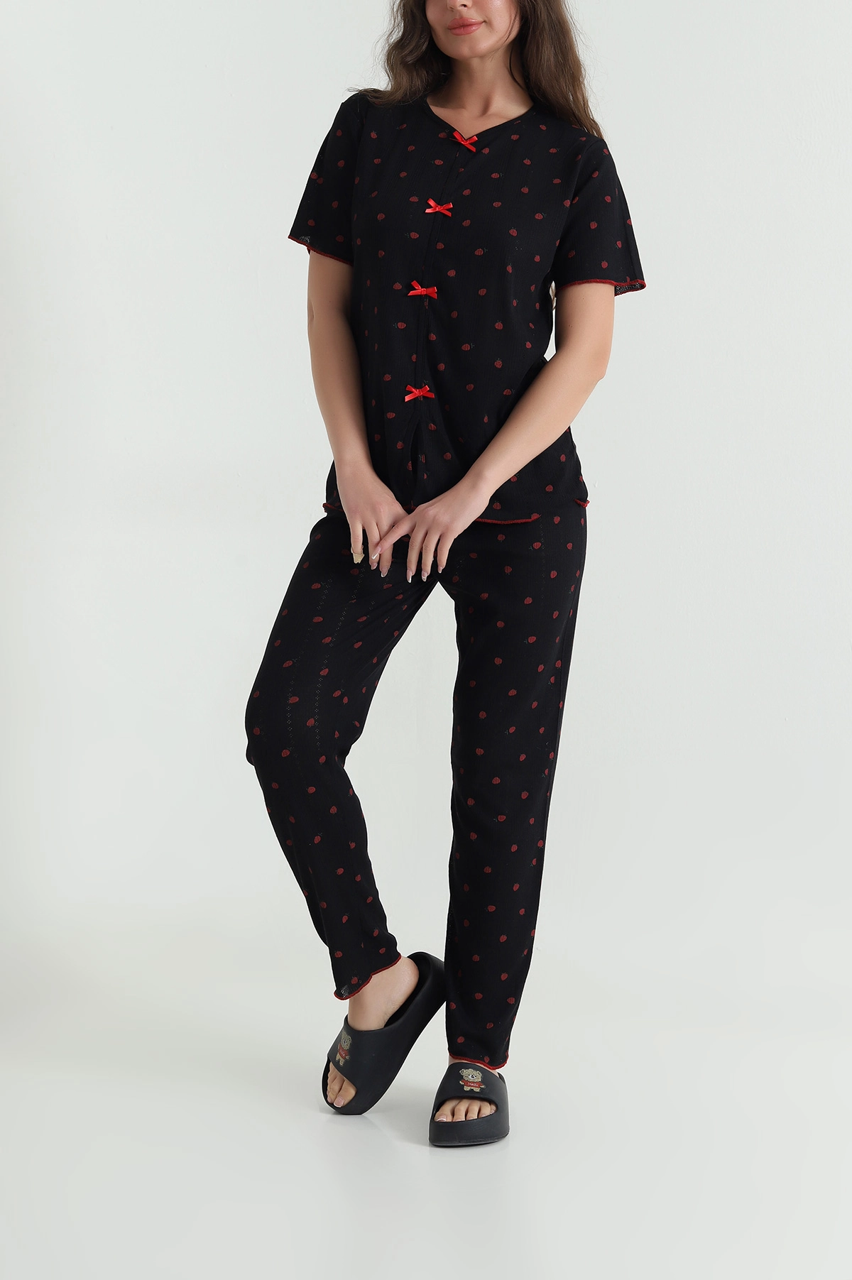 Siyah Baskılı Pointel Kadın Pijama Takımı 463560