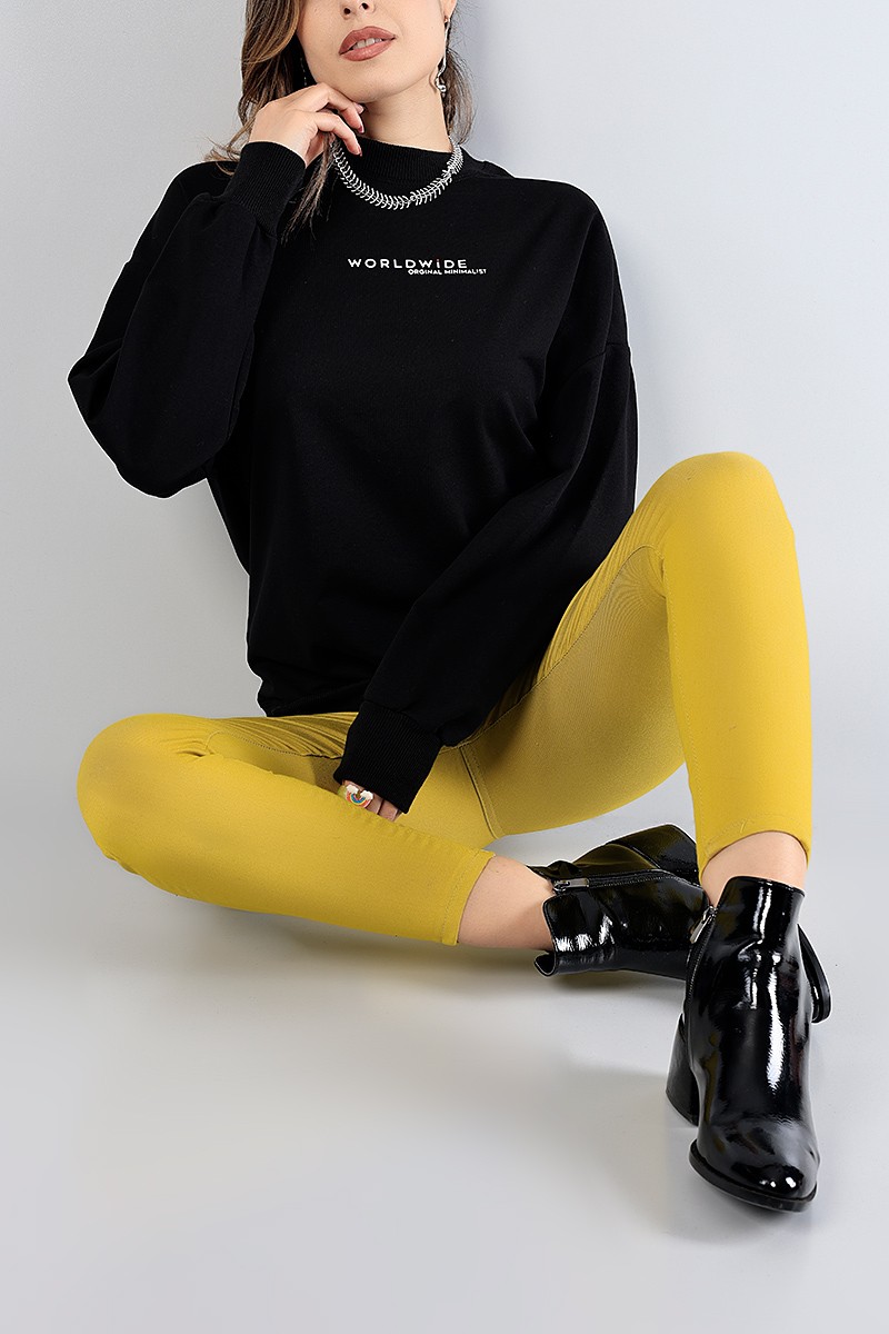 Siyah Baskılı Ribana Yaka Bayan Sweat 81195