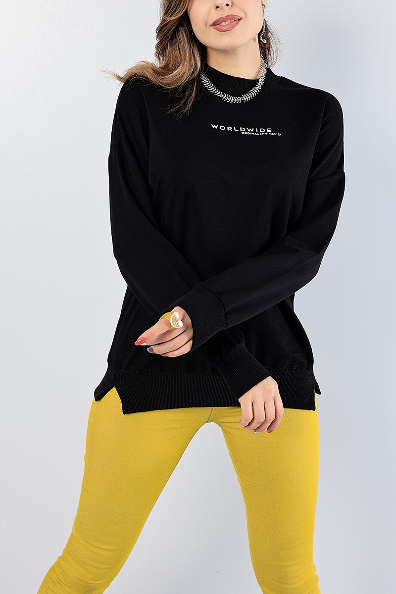 Siyah Baskılı Ribana Yaka Bayan Sweat 81195