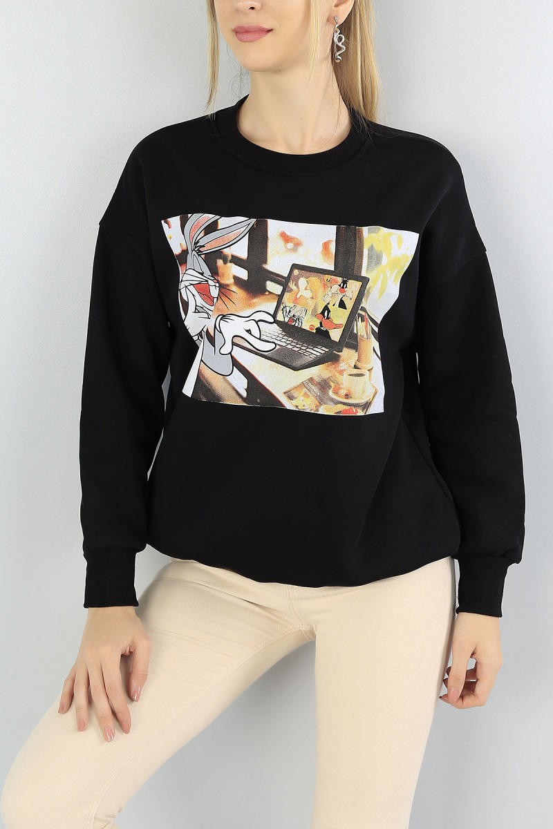 Siyah Baskılı Şardonlu Bayan Sweat 51829