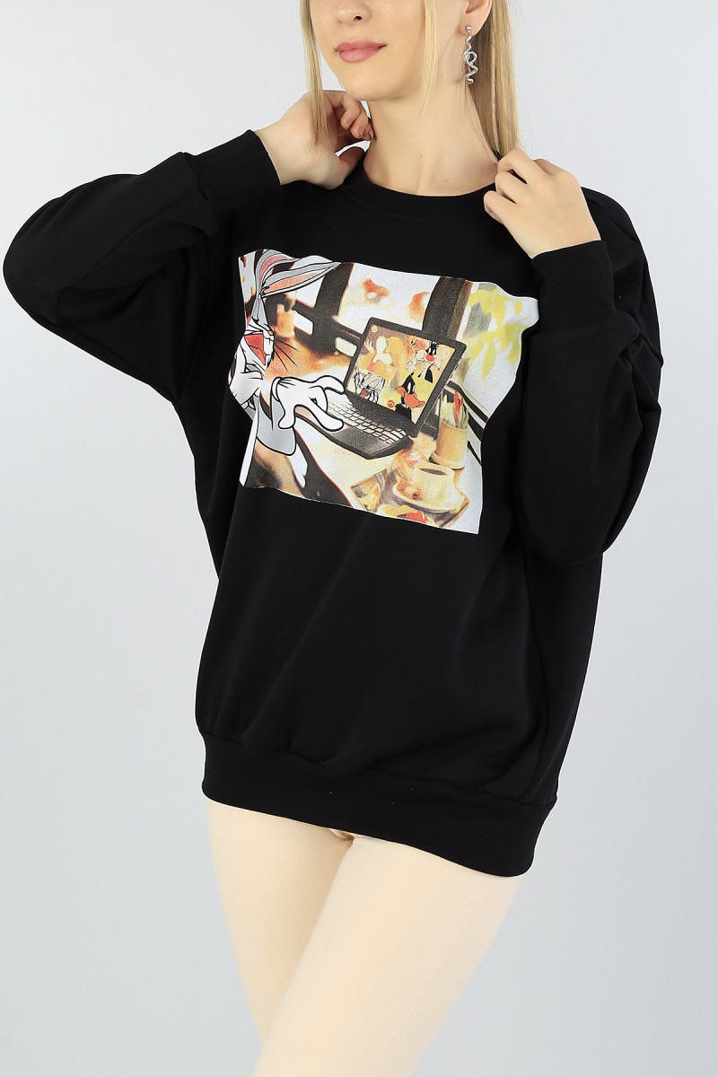 Siyah Baskılı Şardonlu Bayan Sweat 51829
