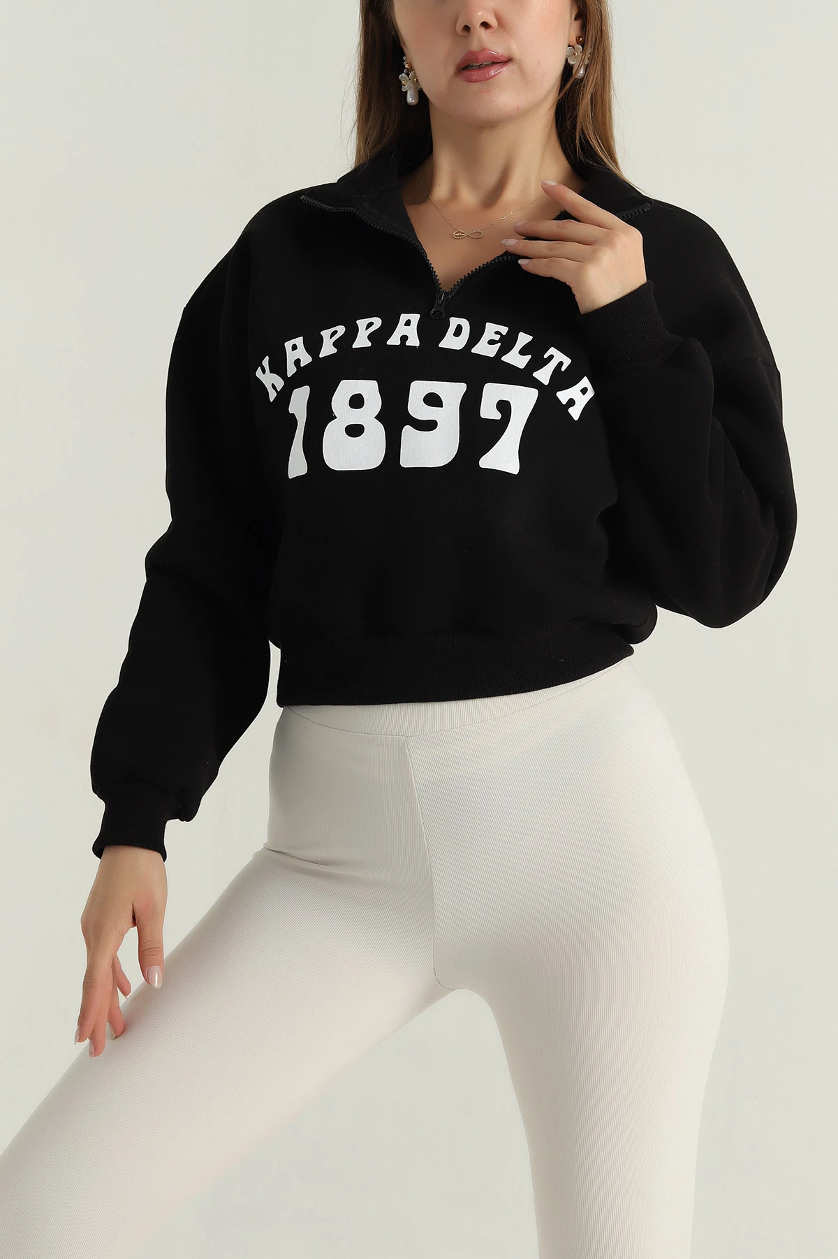 Siyah Baskılı Şardonlu Kadın Fermuarlı Sweat 396478