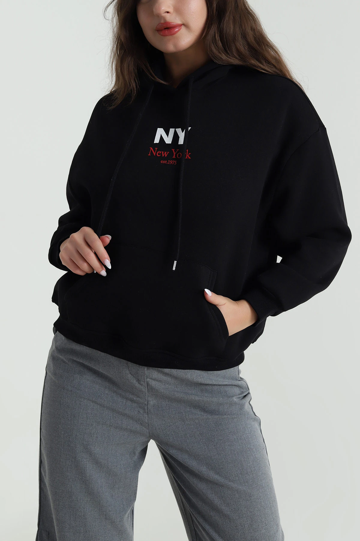 Siyah Baskılı Şardonlu Üç İp Kadın Sweat 485032
