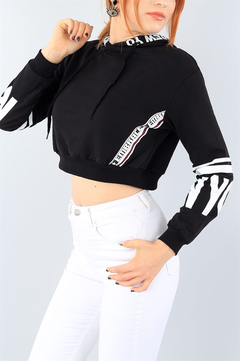Siyah Baskılı Şeritli Bayan Crop Sweat 39552