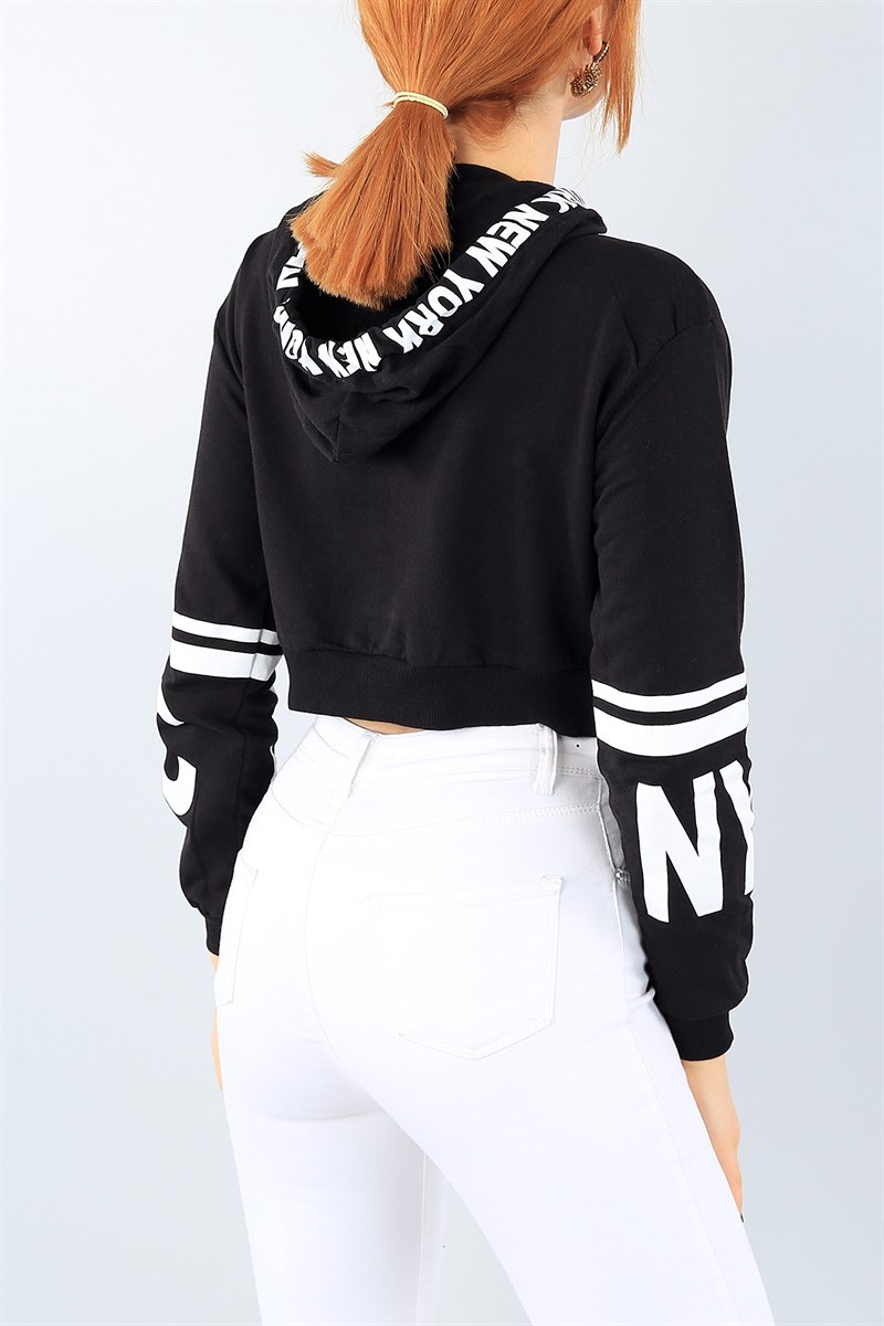 Siyah Baskılı Şeritli Bayan Crop Sweat 39552
