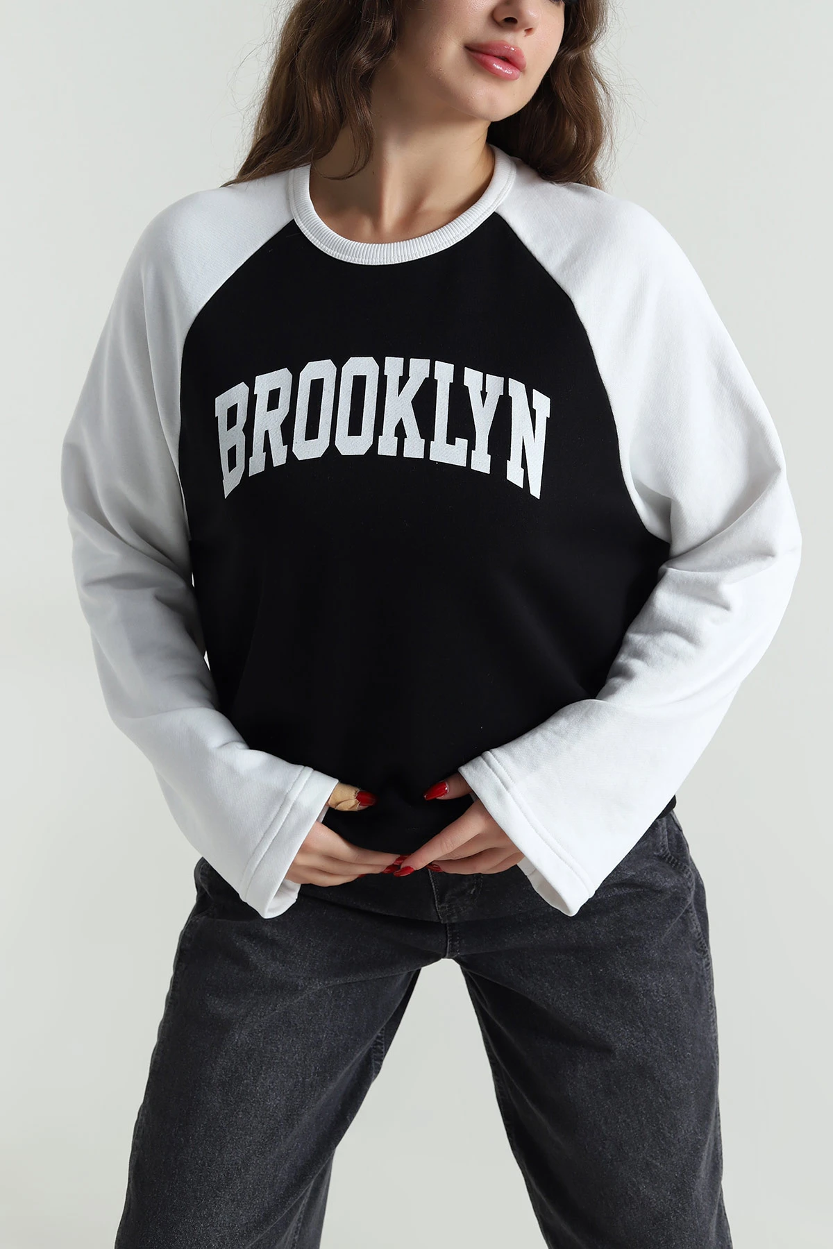 Siyah Baskılı Üç İp Kadın Sweat 496369