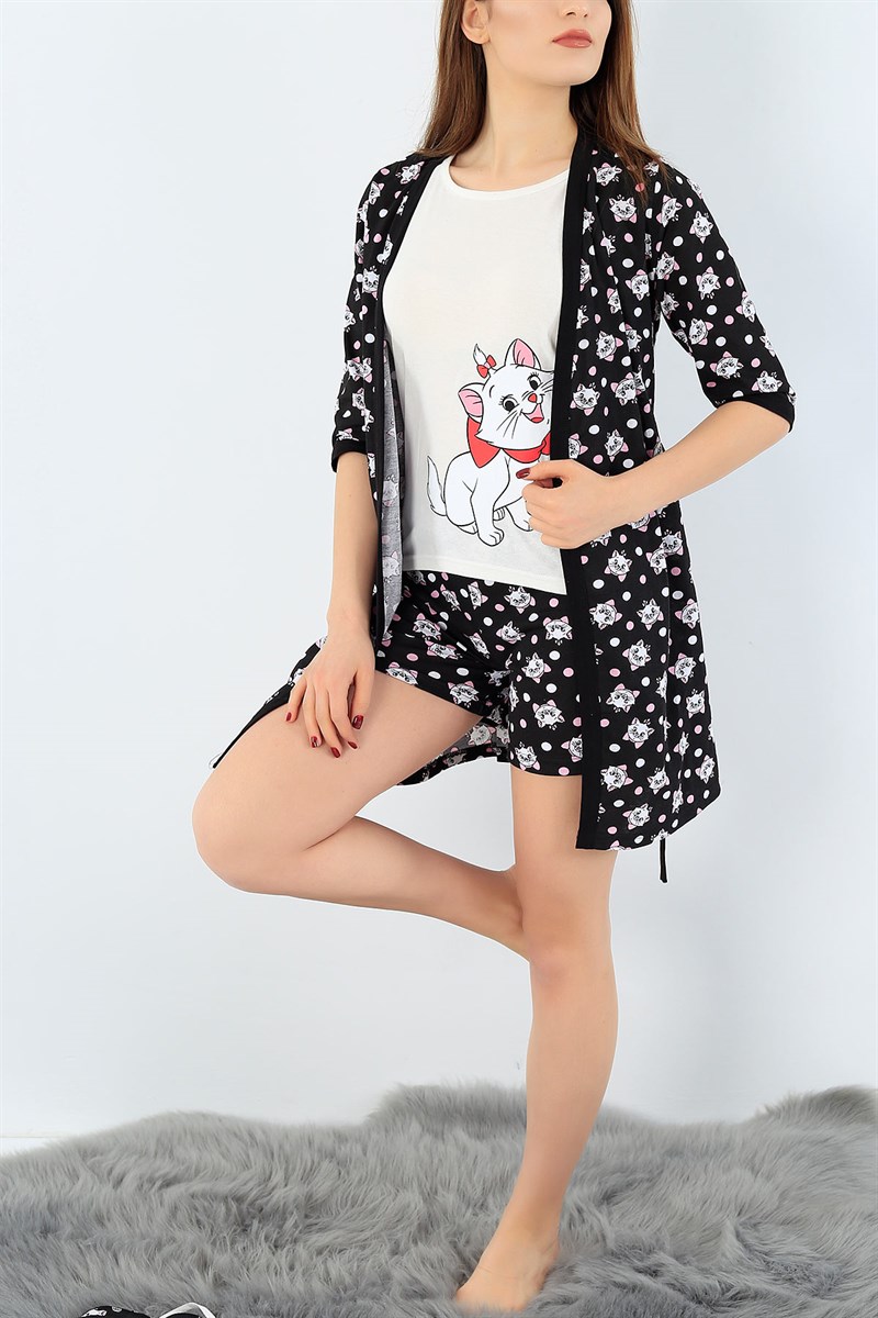 Siyah Baskılı Üçlü Sabahlık Pijama Takımı 27396B