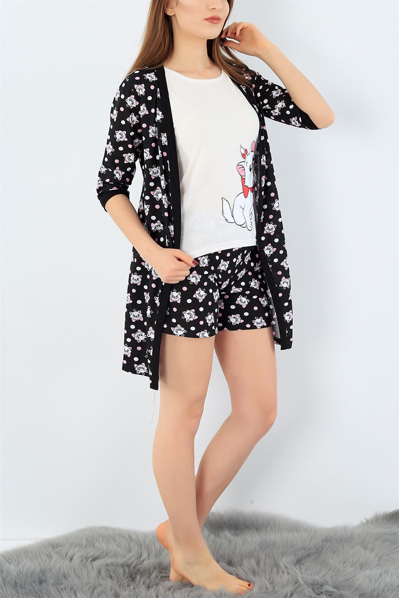 Siyah Baskılı Üçlü Sabahlık Pijama Takımı 27396B