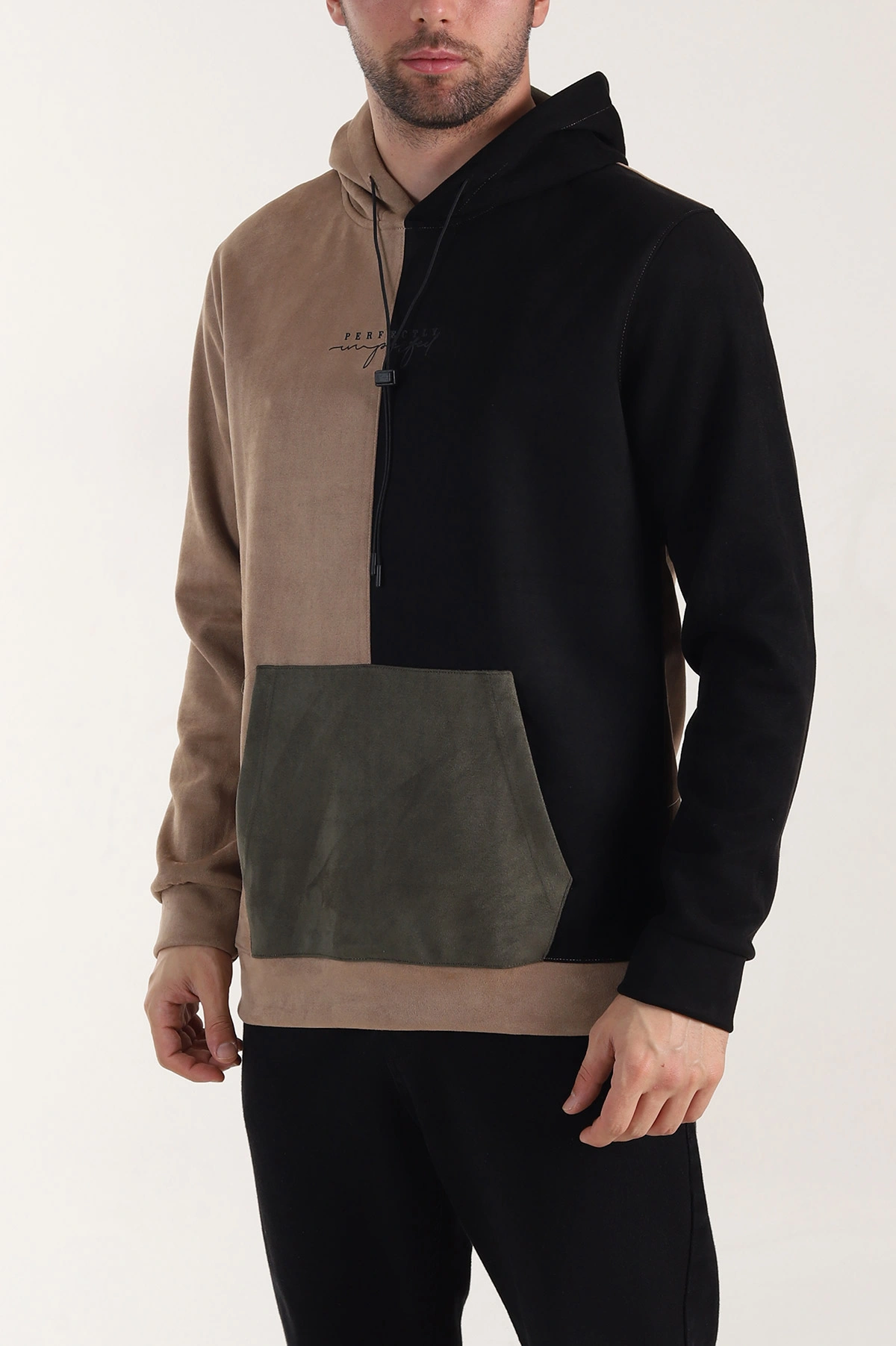 Siyah Bej Kapüşonlu Yazı Detaylı Cepli Erkek Sweatshirt 413638