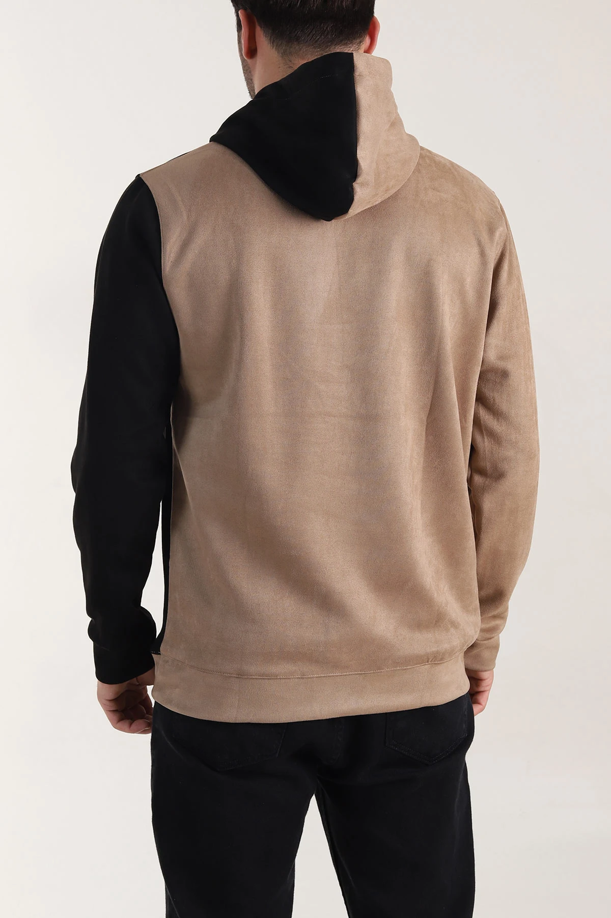 Siyah Bej Kapüşonlu Yazı Detaylı Cepli Erkek Sweatshirt 413638
