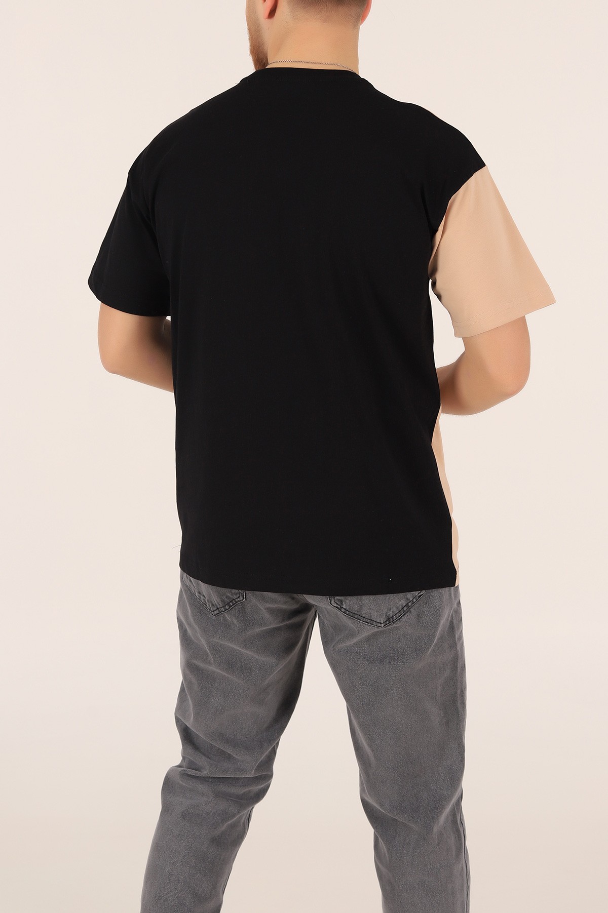 Siyah Bej  Oversize Nakışlı  Erkek Tişört 169655