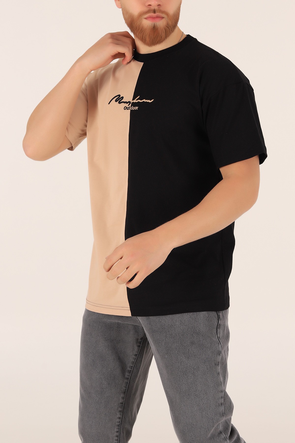 Siyah Bej  Oversize Nakışlı  Erkek Tişört 169655