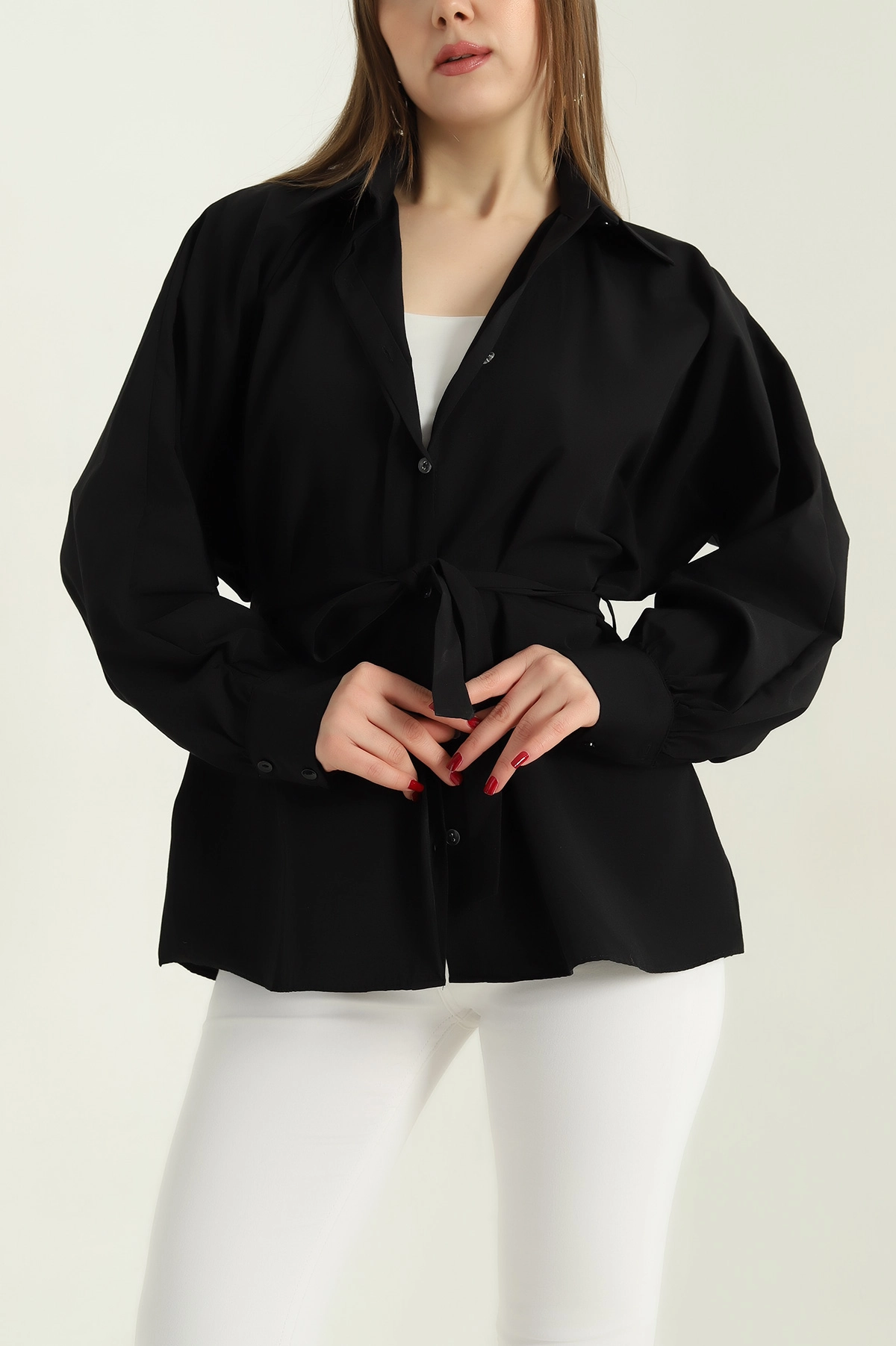 Siyah Bel Bağlamalı Oversize Poplin Tunik Gömlek 336941