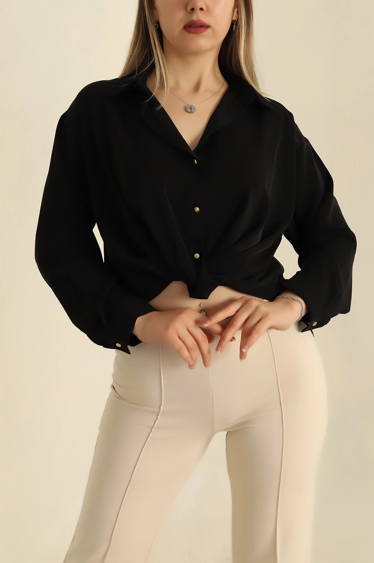 Siyah Bel Bağlı Tasarım Jessica Kumaş Gömlek 265835