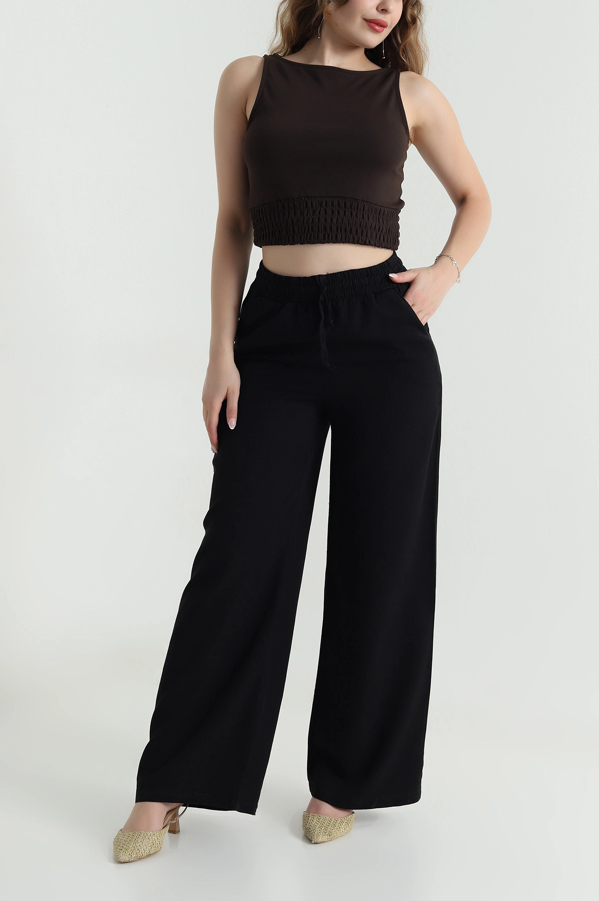 Siyah Bel Lastikli Bol Paça Tencel Kadın Pantolon 479896