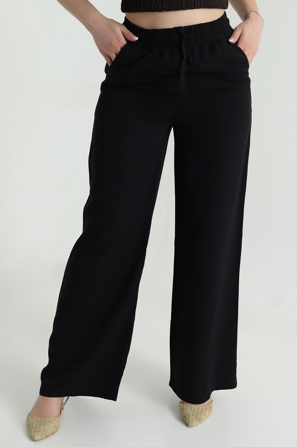 Siyah Bel Lastikli Bol Paça Tencel Kadın Pantolon 479896