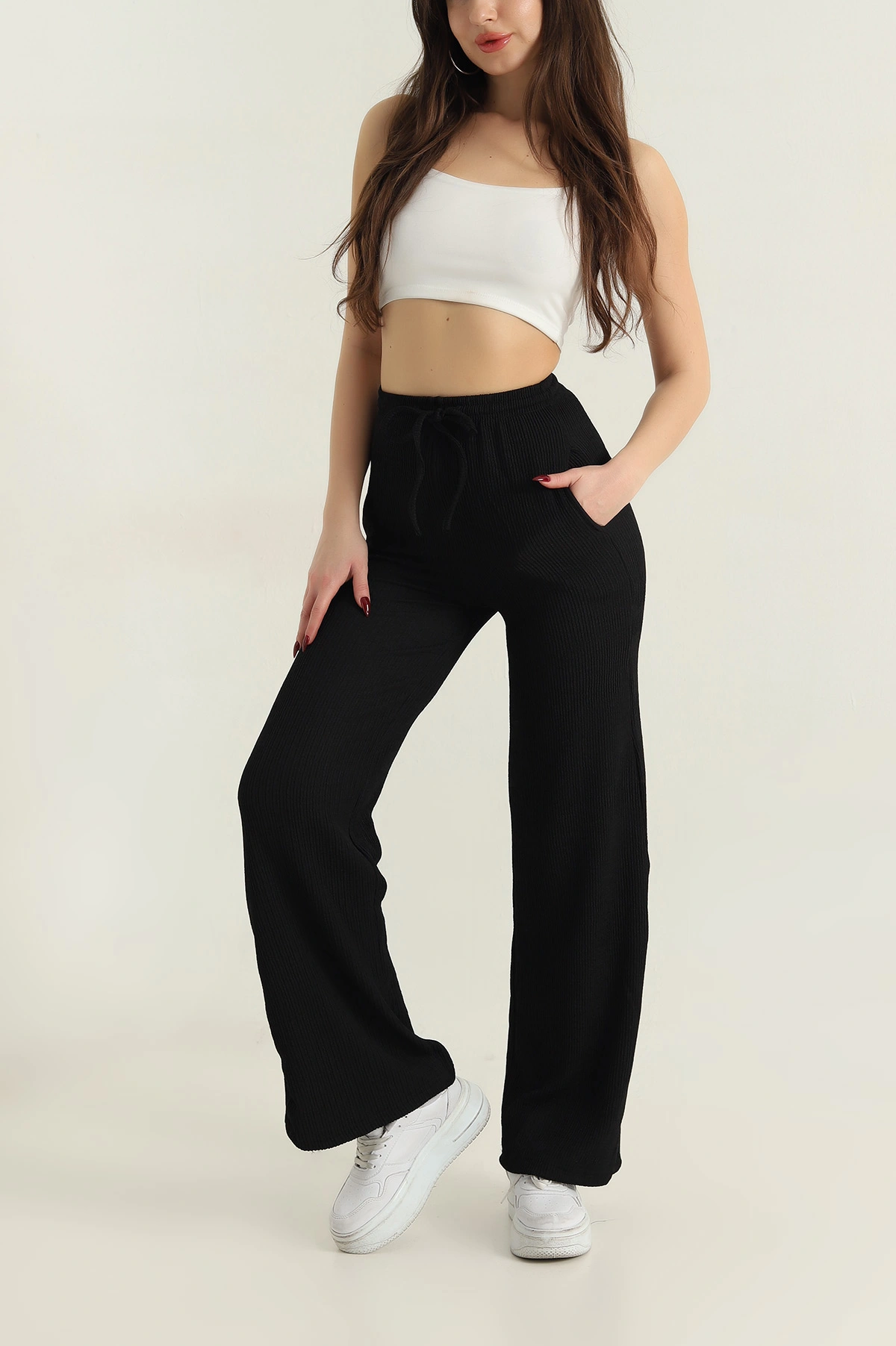 Siyah Bel Lastikli Cepli Bürümcük Kadın Pantolon 417449