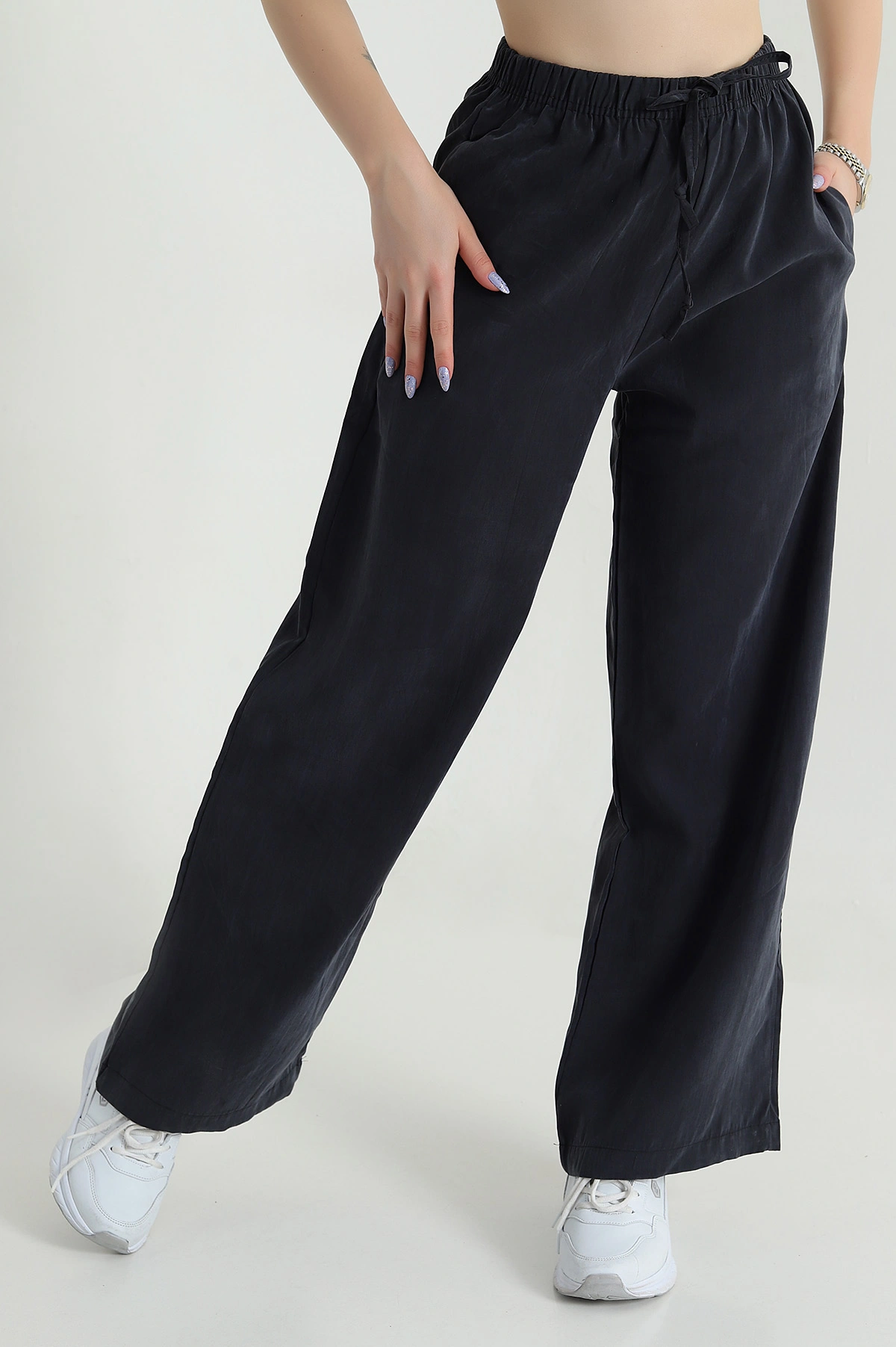 Siyah Bel Lastikli Cepli Tencel Kadın Pantolon 474853