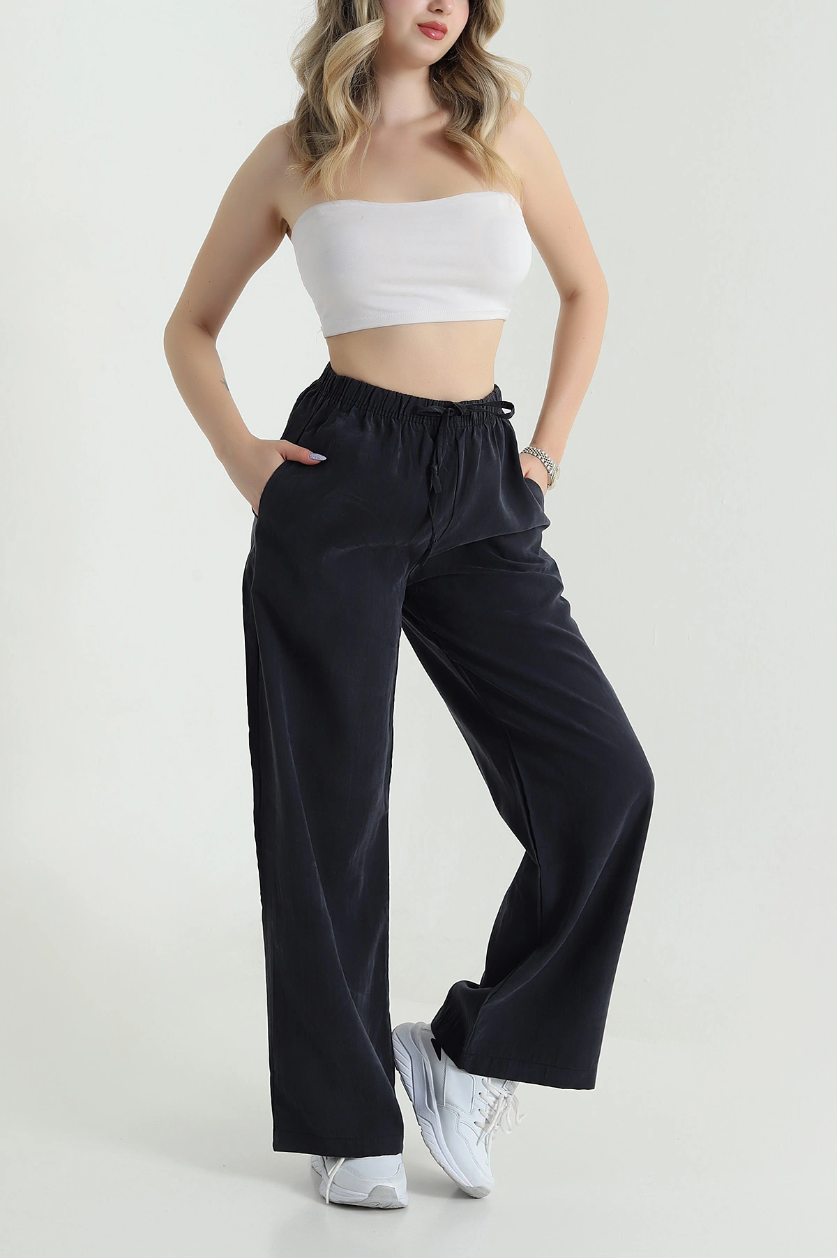 Siyah Bel Lastikli Cepli Tencel Kadın Pantolon 474853