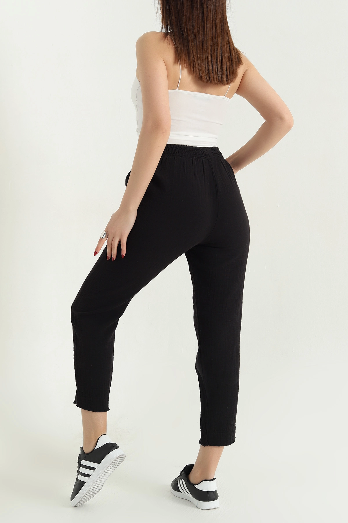 Siyah Bel Lastikli Müslin Keten Pantolon 339870