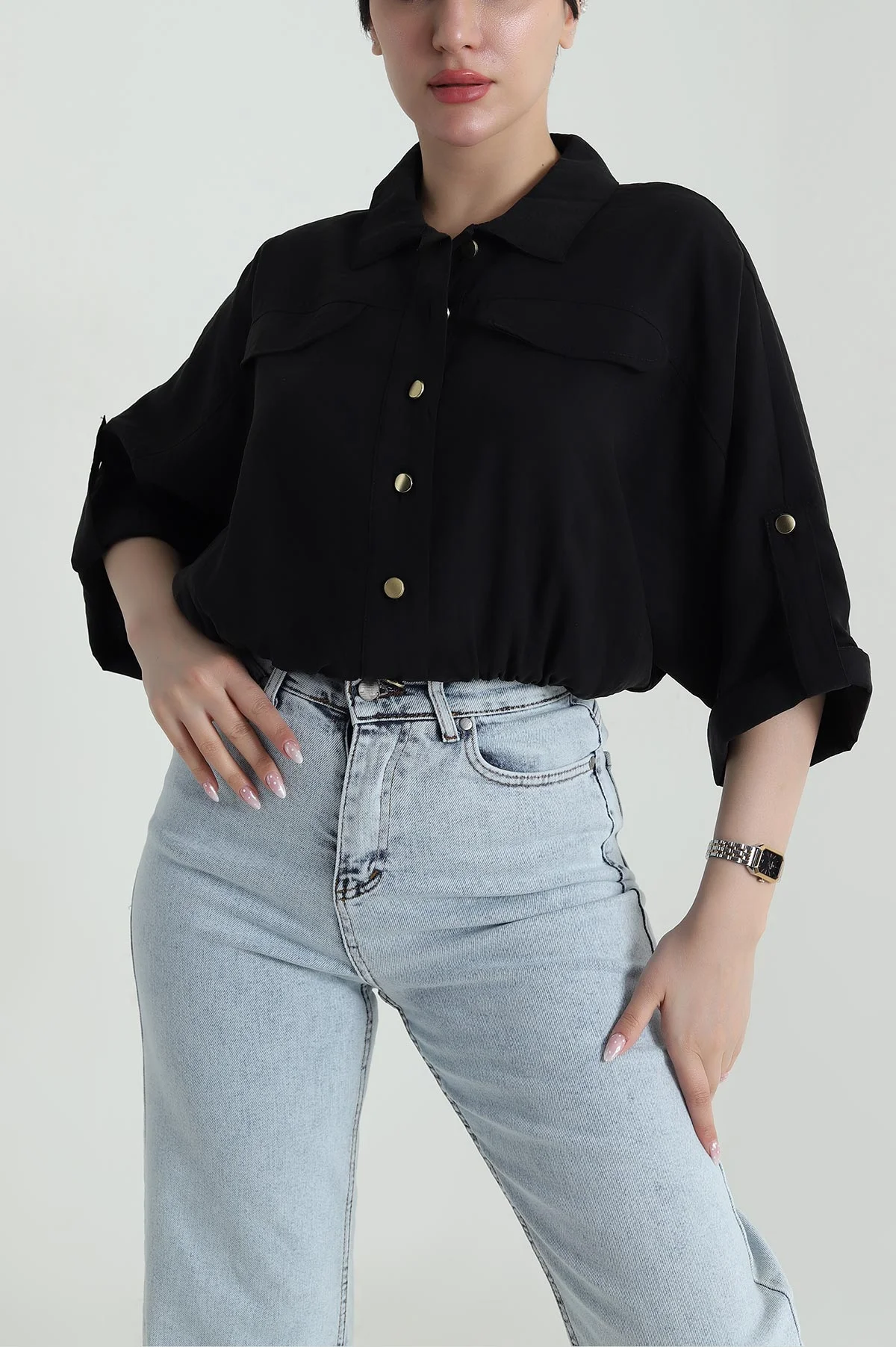 Siyah Bel Lastikli Tencel Kadın Gömlek 458826