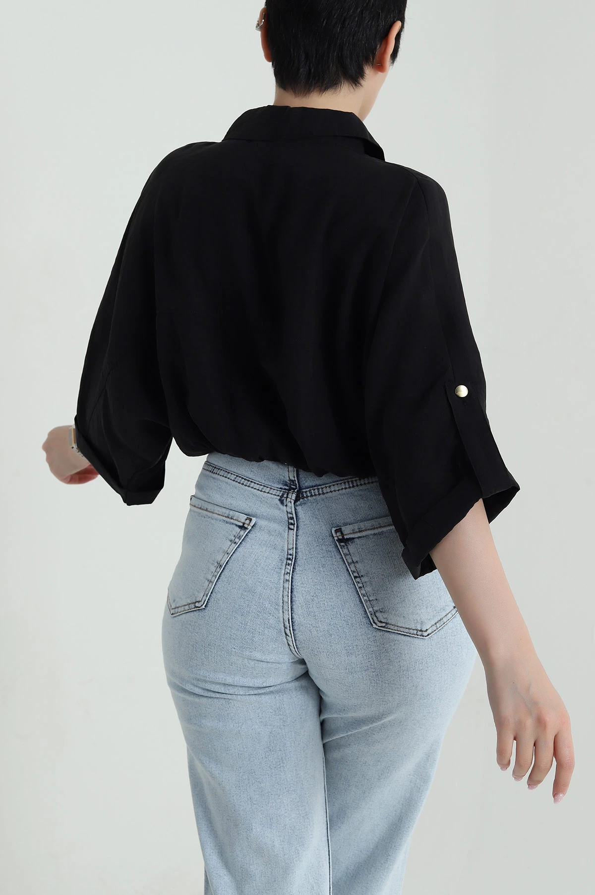 Siyah Bel Lastikli Tencel Kadın Gömlek 458826