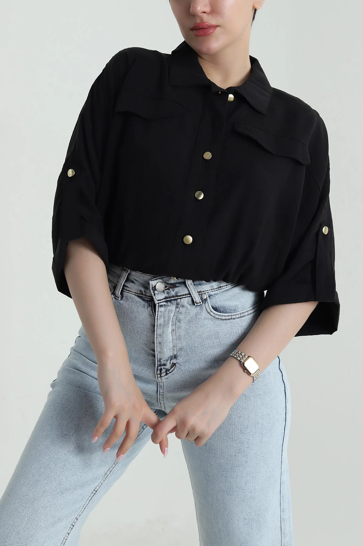 Siyah Bel Lastikli Tencel Kadın Gömlek 458826