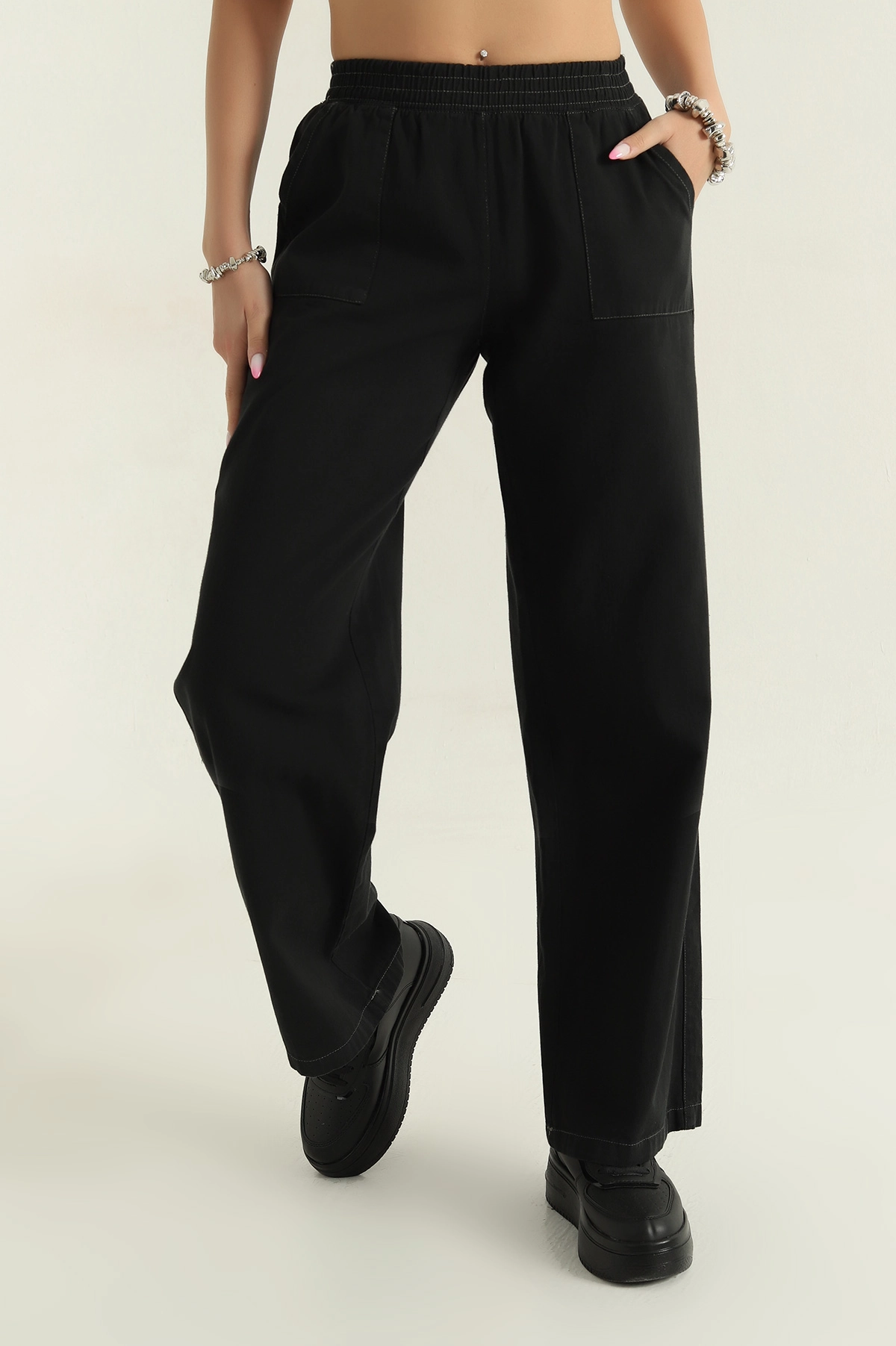 Siyah Bel Lastikli Tencel Kot Kadın Pantolon 374190
