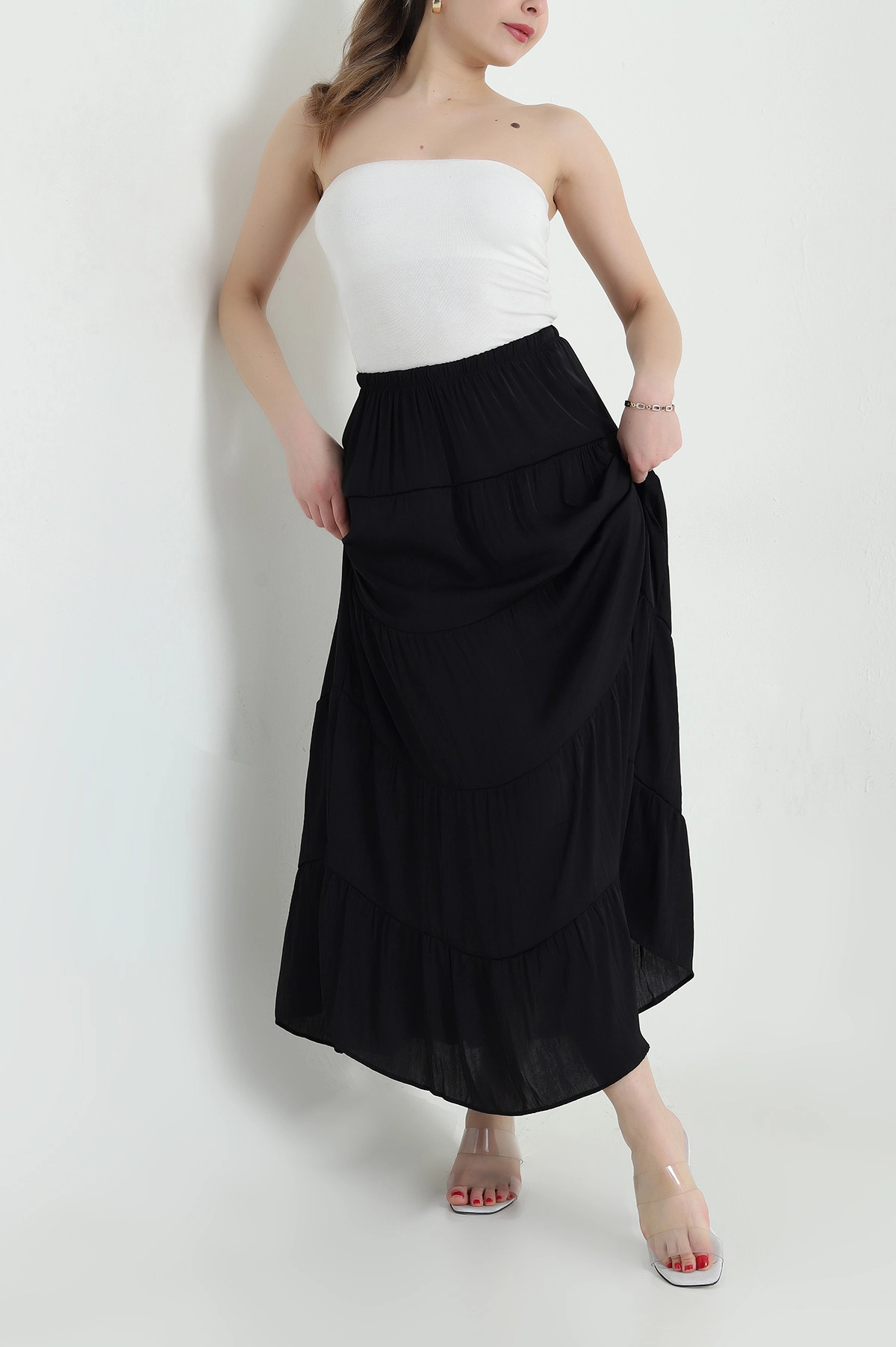 Siyah Bel Lastikli Tencel Viskoz Kadın Etek 442395
