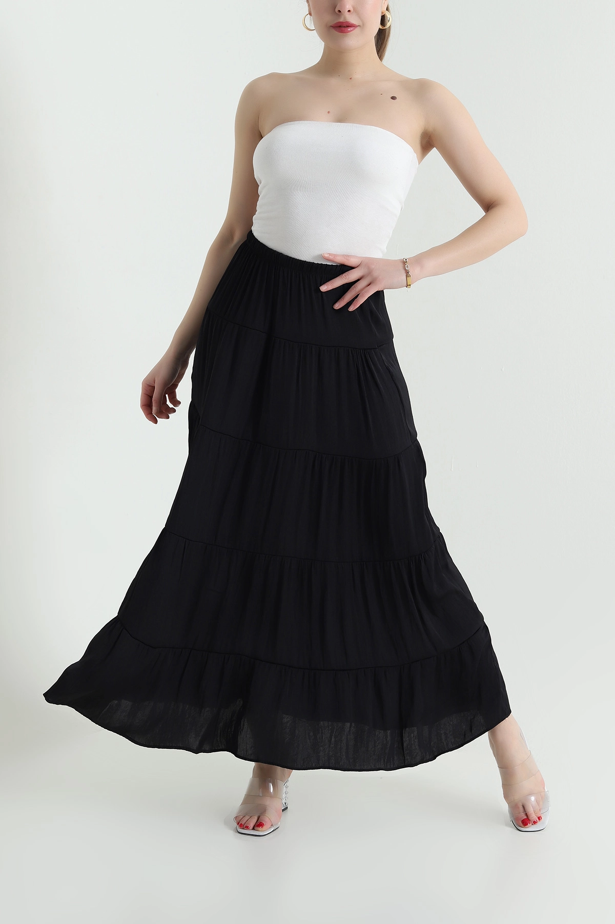 Siyah Bel Lastikli Tencel Viskoz Kadın Etek 442395