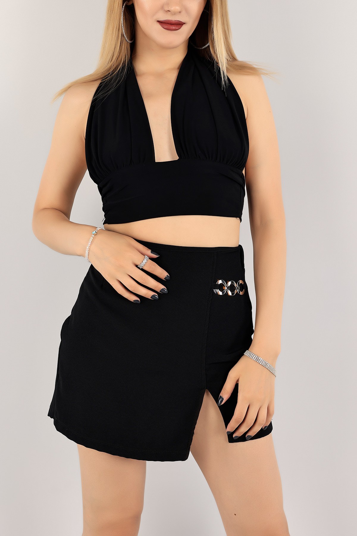 Siyah Bel ve Boyun Bağlamalı Sendy Bluz 117835