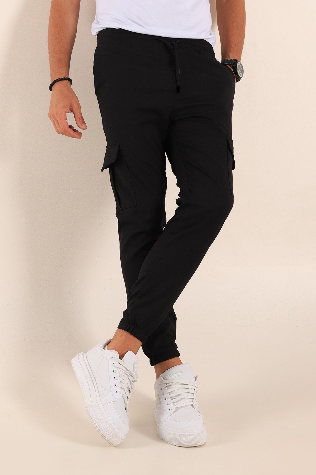 Siyah Belden Bağlamalı Kargo Cepli Erkek Jogger Pantolon 194605
