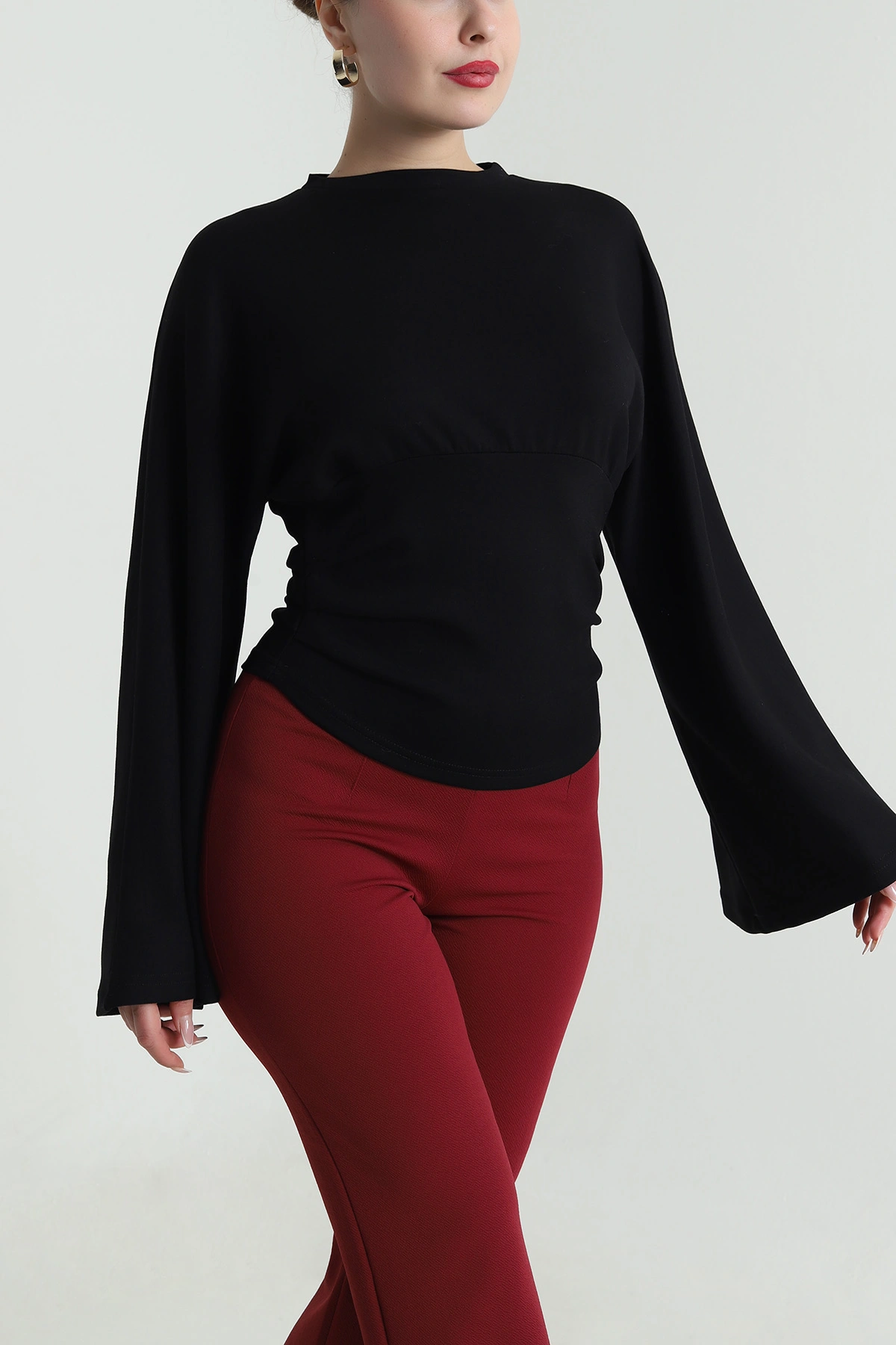 Siyah Belden Oturtmalı Modal Kadın Bluz 491645