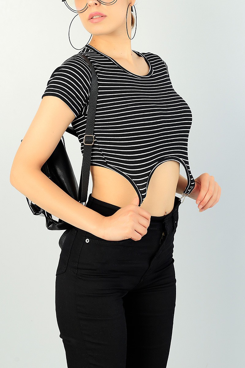 Siyah Beli Çengelli Çizgili Body 71318