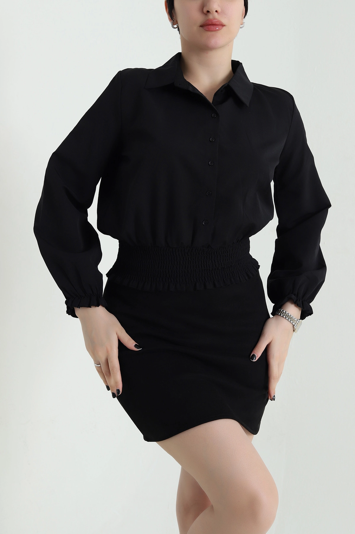 Siyah Beli Gipeli Poplin Kadın Gömlek Bluz 456830