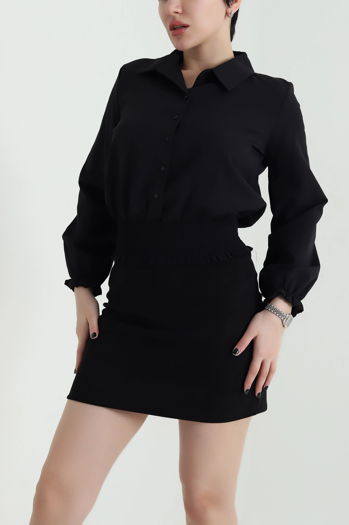 Siyah Beli Gipeli Poplin Kadın Gömlek Bluz 456830