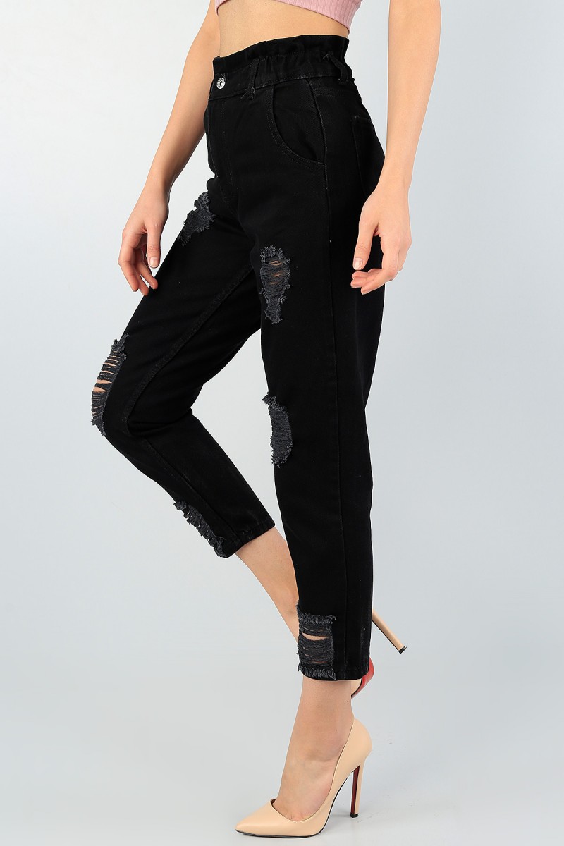 Siyah Beli Lastikli Bayan Lazer Kesim Kot Pantolon 59508