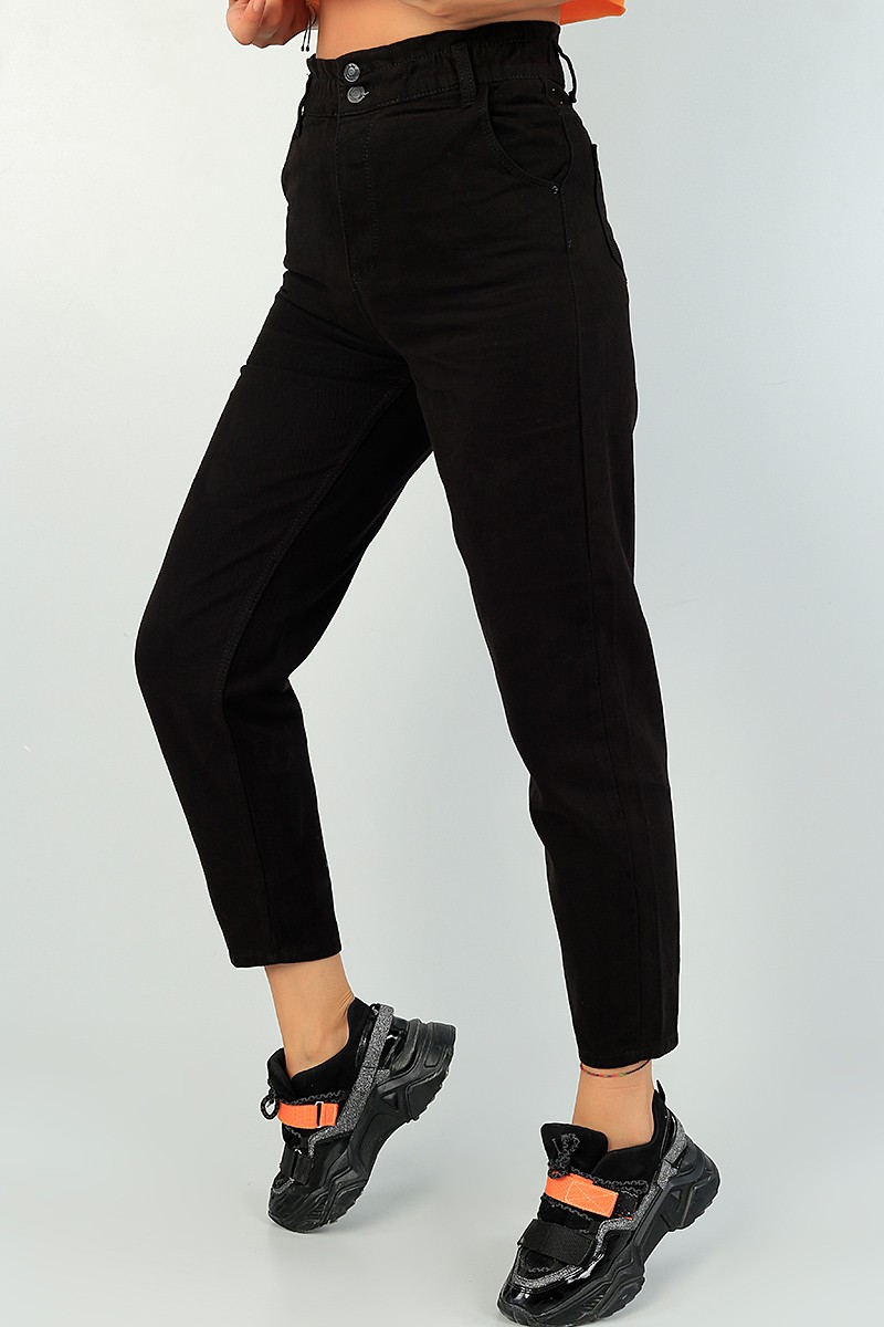 Siyah Beli Lastikli Bayan Mom Kot Pantolon 73083
