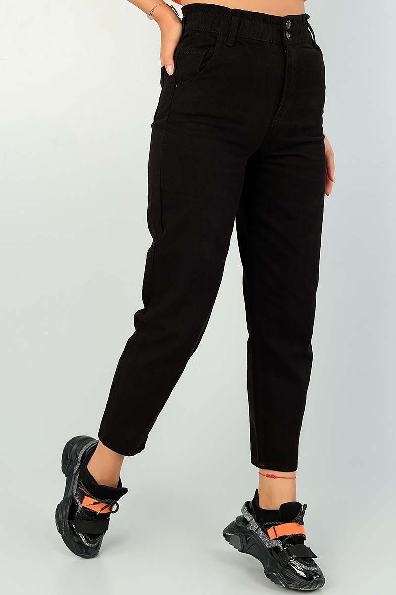 Siyah Beli Lastikli Bayan Mom Kot Pantolon 73083