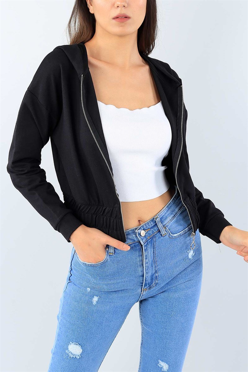 Siyah Beli Lastikli Boydan Fermuarlı Bayan Sweat 39393
