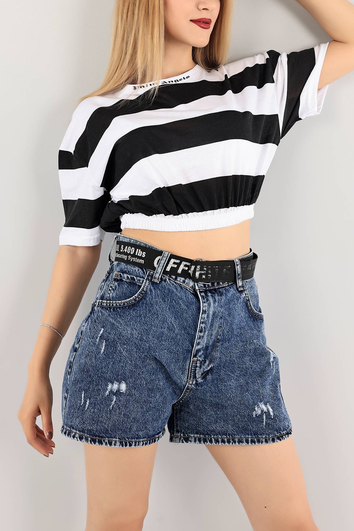 Siyah Beli Lastikli Crop Tişört 116009