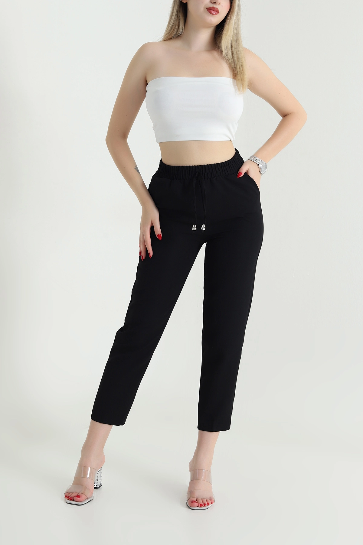 Siyah Beli Lastikli Dabıl Kadın Pantolon 467910