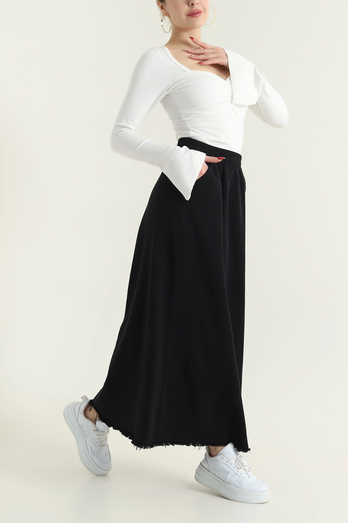 Siyah Beli Lastikli Gabardin Kadın Etek 428733