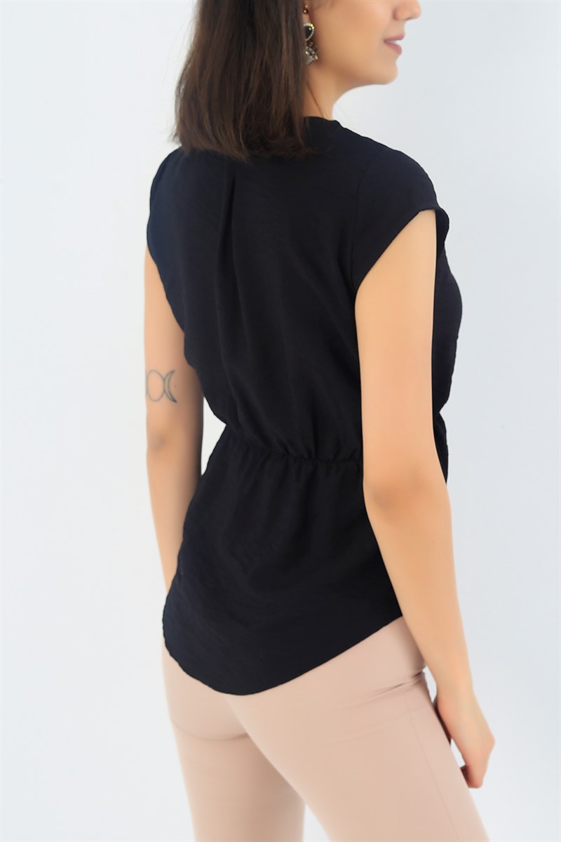 Siyah Beli Lastikli Keten Bluz 35091