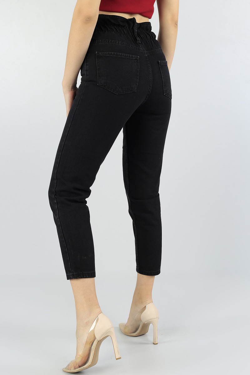 Siyah Beli Lastikli Mom Bayan Kot Pantolon 56409