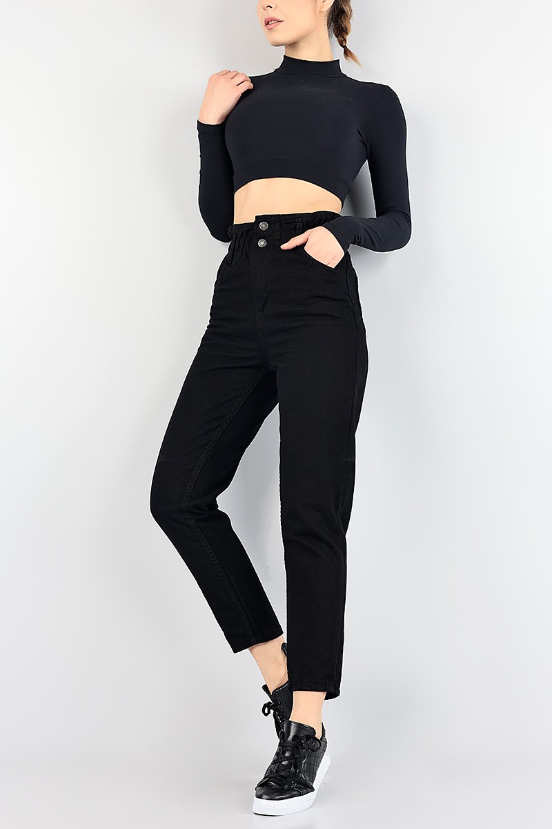 Siyah Beli Lastikli Mom Bayan Kot Pantolon 88598