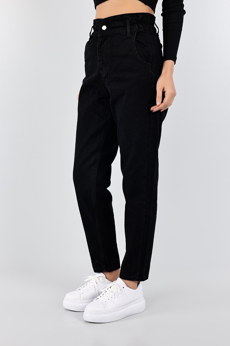 Siyah Beli Lastikli Mom Bayan Kot Pantolon 98438