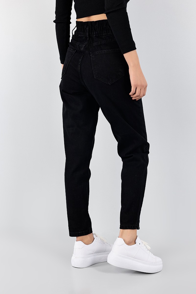 Siyah Beli Lastikli Mom Bayan Kot Pantolon 98438