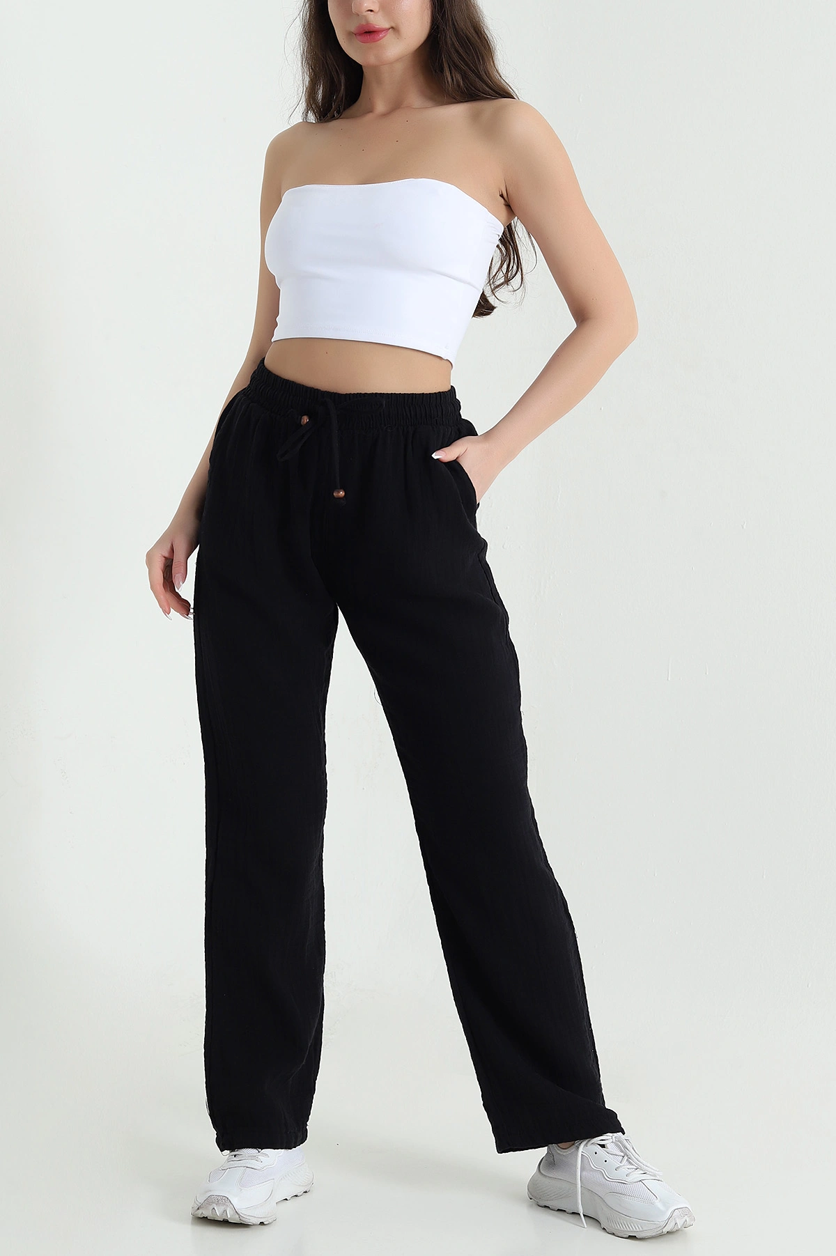 Siyah Beli Lastikli Müslin Keten Kadın Pantolon 457928