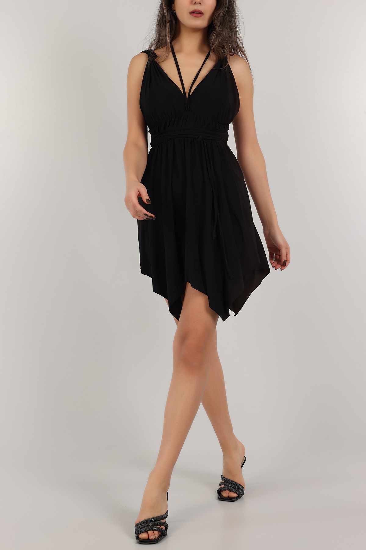Siyah Beli Lastikli Sendy Kumaş Elbise 155765